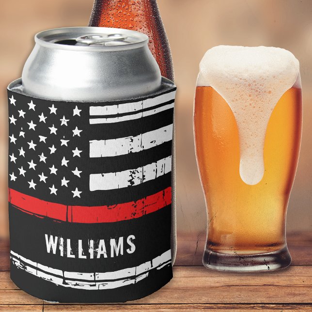 Distressed Thin Red Line Personalized Firefighter Can Cooler (Creator Uploaded)