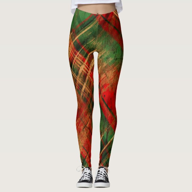  Distressed Traditional Red Green Tartan Check Mix Leggings (Front)