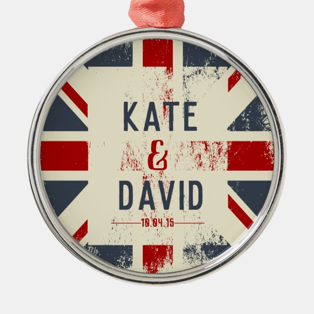 Distressed Union Jack Couple's Names Wedding Gift Metal Ornament (Front)