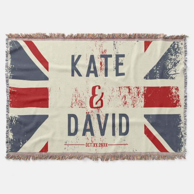 Distressed Union Jack Couple's Names Wedding Gift Throw Blanket (Front)