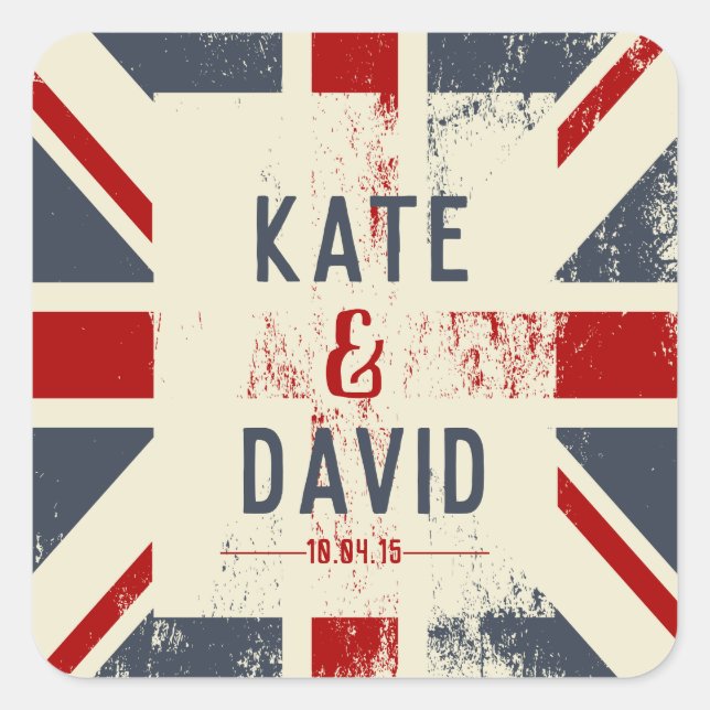 Distressed Union Jack Custom Wedding Favour Square Sticker (Front)