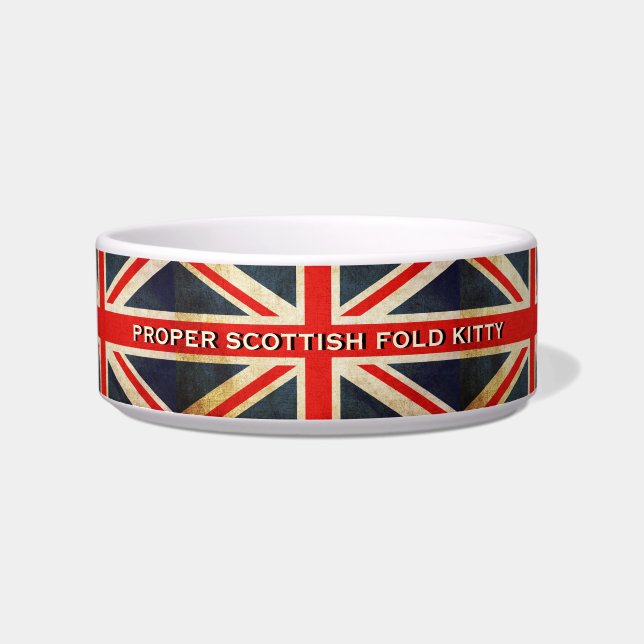 Distressed Union Jack Scottish Fold Cat Kitty Pet Bowl (Front)