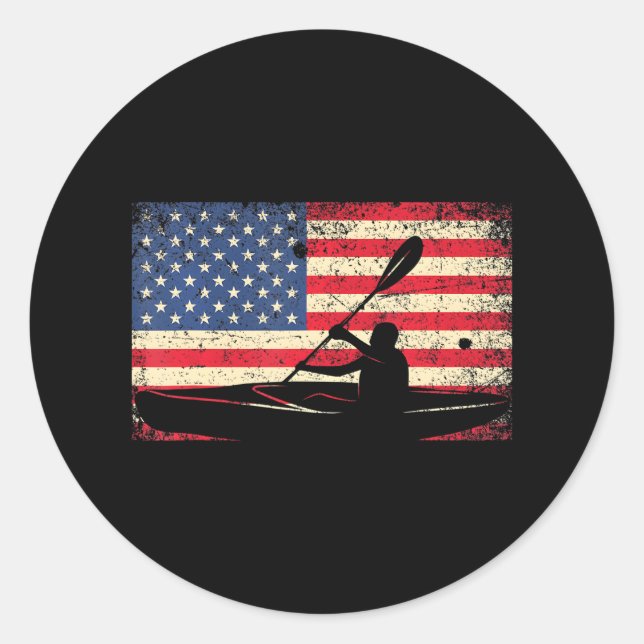 Distressed USA Flag Kayaking Pride Funny Kayaker Classic Round Sticker (Front)
