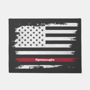 Distressed USA Flag Red Stripe Personalized Name D Doormat