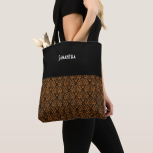 Distressed Victorian Orange Black Damask Name Tote Bag