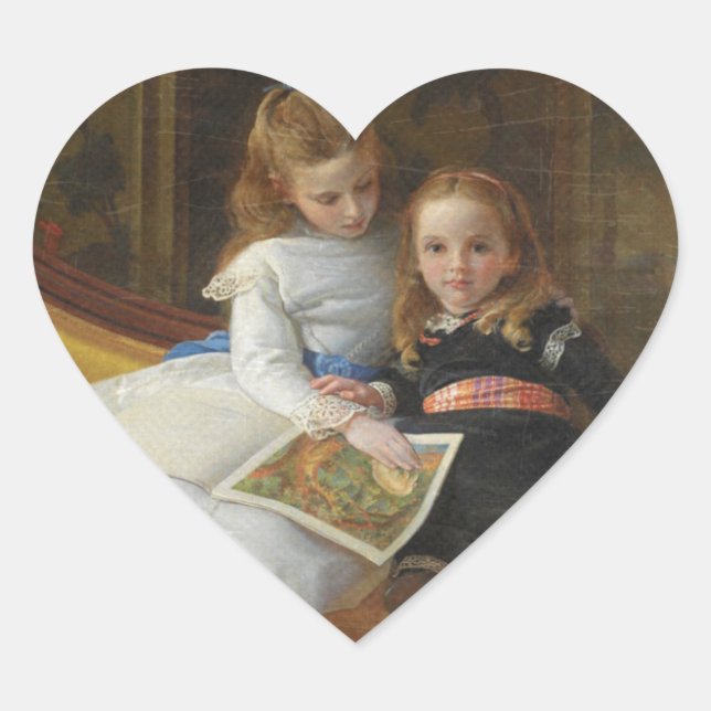 Distressed Victorian Two Young Girls Heart Sticker (Front)