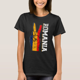 Distressed Victory Two Fingers Romania Flag Patrio T-Shirt
