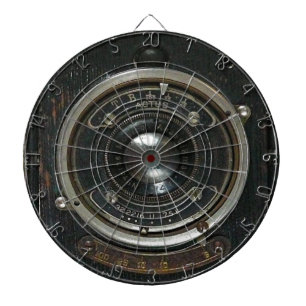 Distressed vintage camera lens dartboard