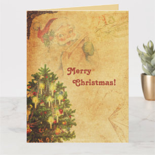 Distressed Vintage Decorated Christmas Tree Santa Card