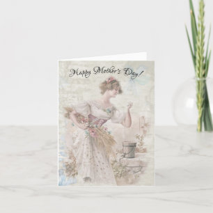 Distressed Vintage Woman Gathering Flowers Grain Holiday Card