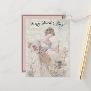 Distressed Vintage Woman Gathering Flowers Grain Postcard