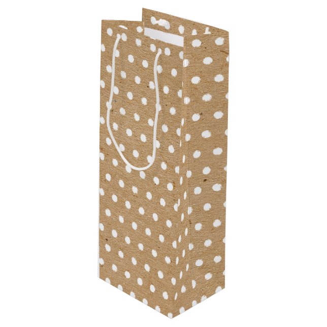 Distressed White Polkadots Pattern on Faux Kraft Wine Gift Bag (Front Angled)