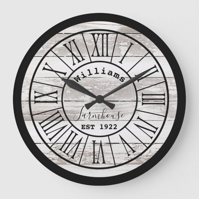 Distressed White Wood Farmhouse Family Name Large Clock (Front)