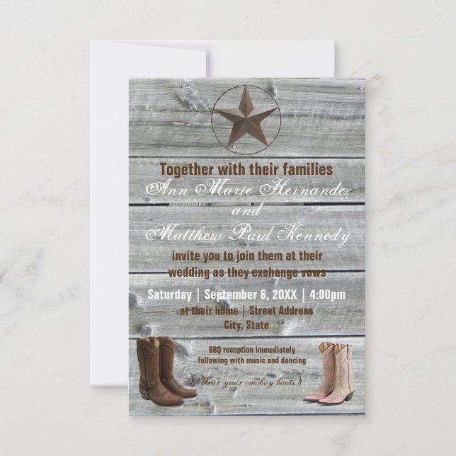 Distressed Wood Cowboy Boots-3x5Wedding Invitation (Front)