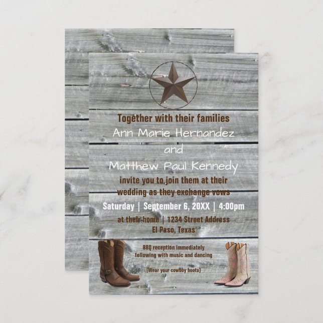 Distressed Wood Cowboy Boots-3x5Wedding Invitation (Front/Back)