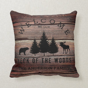 Distressed Wood Cozy Cabin Welcome Family Name Thr Throw Pillow