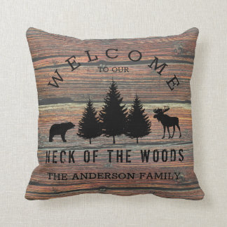 Distressed Wood Cozy Cabin Welcome Family Name Thr Throw Pillow