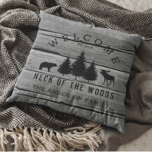 Distressed Wood Cozy Cabin Welcome Family Name Thr Throw Pillow