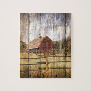 Distressed Wood Rustic Western Country Red Barn Jigsaw Puzzle