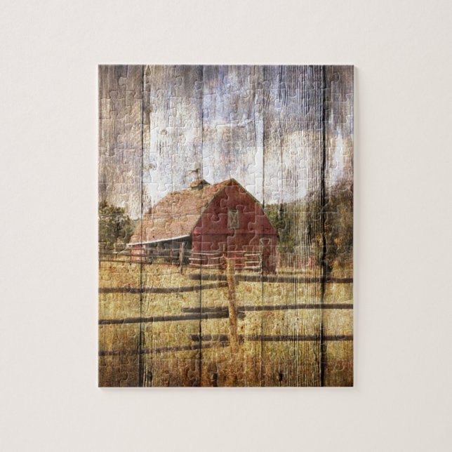 Distressed Wood Rustic Western Country Red Barn Jigsaw Puzzle (Vertical)