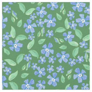 Ditsy Bright Blue Periwinkles on Green Floral Fabric
