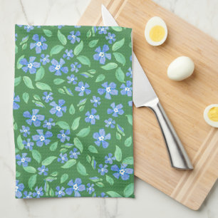 Ditsy Bright Blue Periwinkles on Green Floral Kitchen Towel