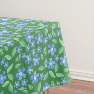 Ditsy Bright Blue Periwinkles on Green Floral Tablecloth