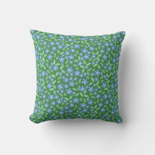 Ditsy Bright Blue Periwinkles on Green Floral Throw Pillow