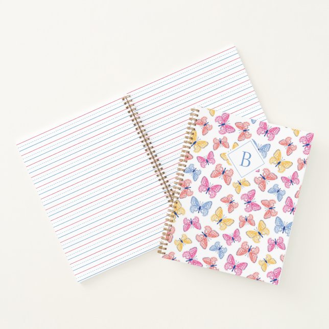Ditsy Colourful Rainbow Butterflies Monogram Notebook (Inside)