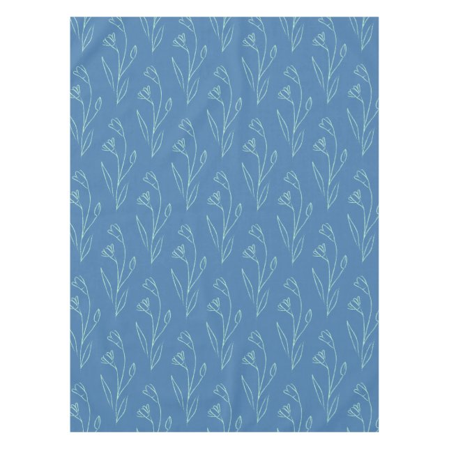 Ditsy Dainty Boho Floral Line Art Drawing in Blue Tablecloth (Front)