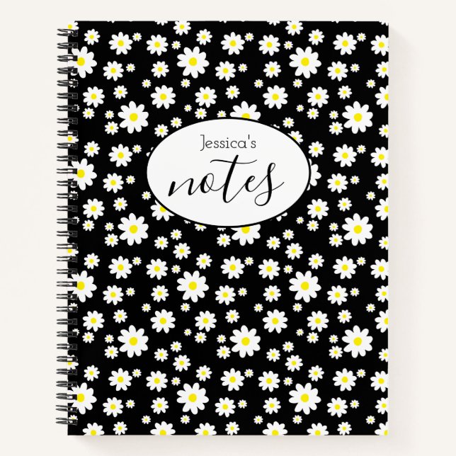 Ditsy Daisy Flower Pattern Custom Name Black Notebook (Front)