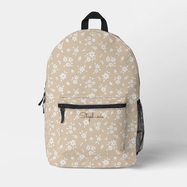 Ditsy Floral Boho Botanical Neutral Beige Name Printed Backpack (Front)