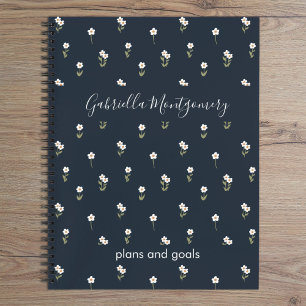 Ditsy Floral Boho Wildflower Dark Blue Name Text Notebook