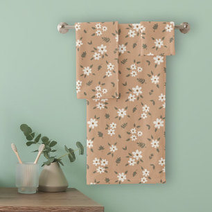 Ditsy Floral Cottagecore Boho Wildflower Tan Brown Bath Towel Set