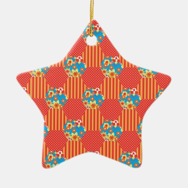 Ditsy Floral, Stripes, Polka Dots Patchwork Ceramic Ornament (Front)