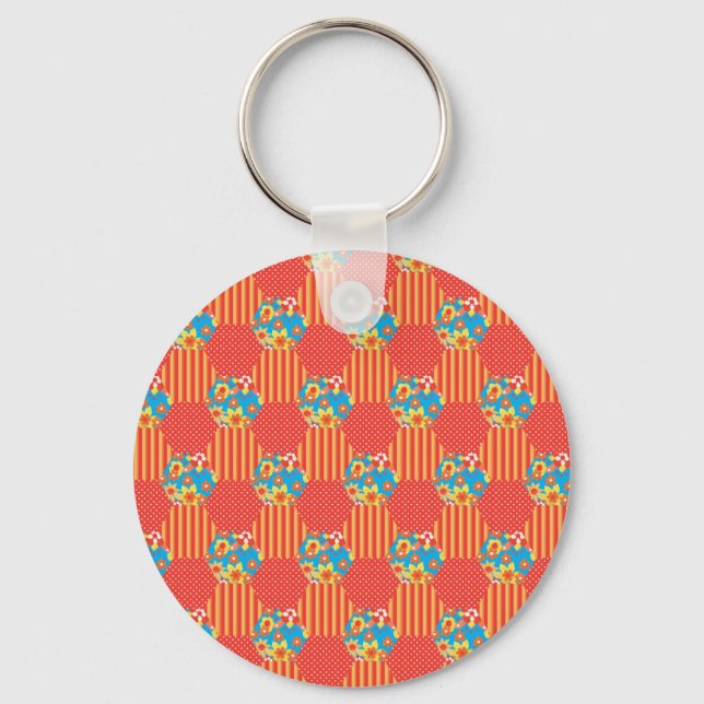 Ditsy Floral, Stripes, Polka Dots Patchwork Keychain (Front)