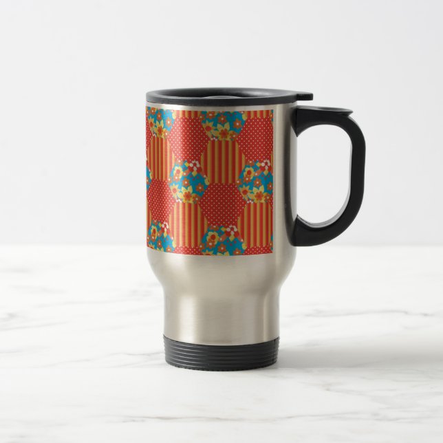 Ditsy Floral, Stripes, Polka Dots Patchwork Travel Mug (Right)