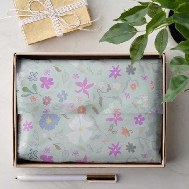 Ditsy Flowers Illustrated Pale Mint  Tissue Paper (Gift)