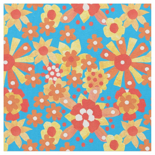Ditsy Orange Floral Pattern on Turquoise Fabric (Close Up)