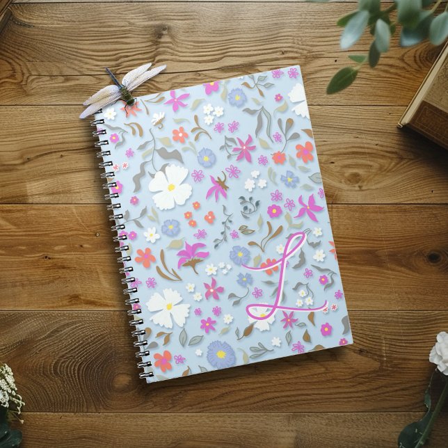 Ditsy Pop Floral Art Sky Blue Initial Notebook (Creator Uploaded)