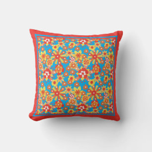 Ditsy Red, Orange, Yellow Flowers on Turquoise Throw Pillow
