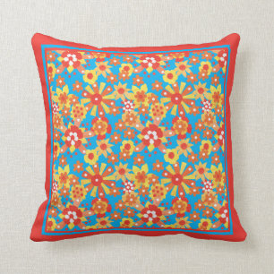 Ditsy Red, Orange, Yellow Flowers on Turquoise Throw Pillow