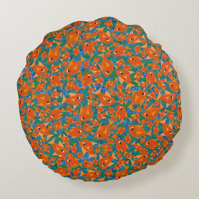 Ditzy Orange Fish on Green and Blue Round Pillow (Back)