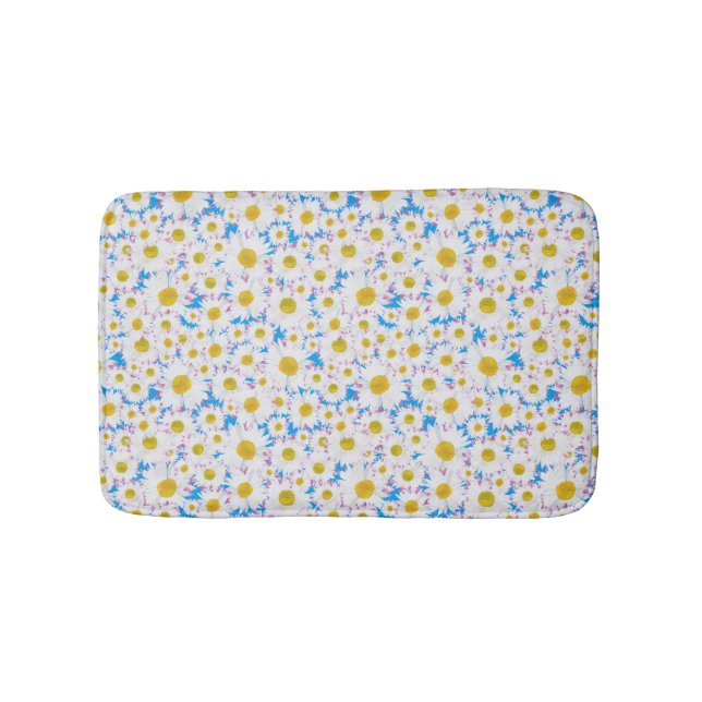 Ditzy White Daisies on Blue Custom Bath Mat (Front)