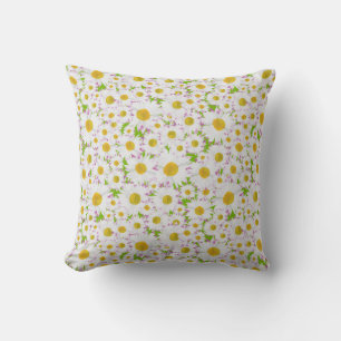Ditzy White Daisies on Grass Green Background Throw Pillow