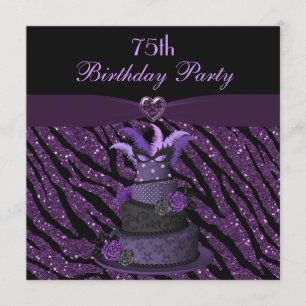 Diva Cake & Printed Zebra Glitter 75th Birthday Invitation