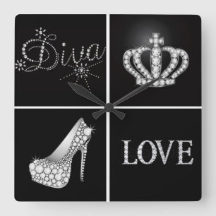 Diva Crown High Heel Love Collage Square Wall Clock