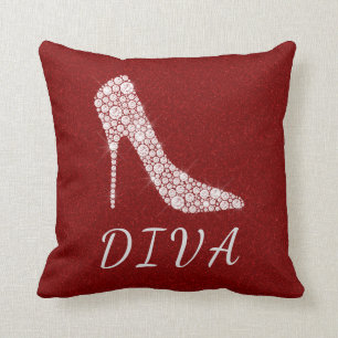 Diva Glam Glitter Diamond High Heel Shoes Red Throw Pillow