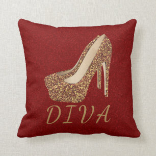 Diva Gold Glitter High Heel Shoes Bling Glam Red Throw Pillow
