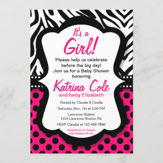 Diva Hot Pink Zebra Girl Baby shower Invitation